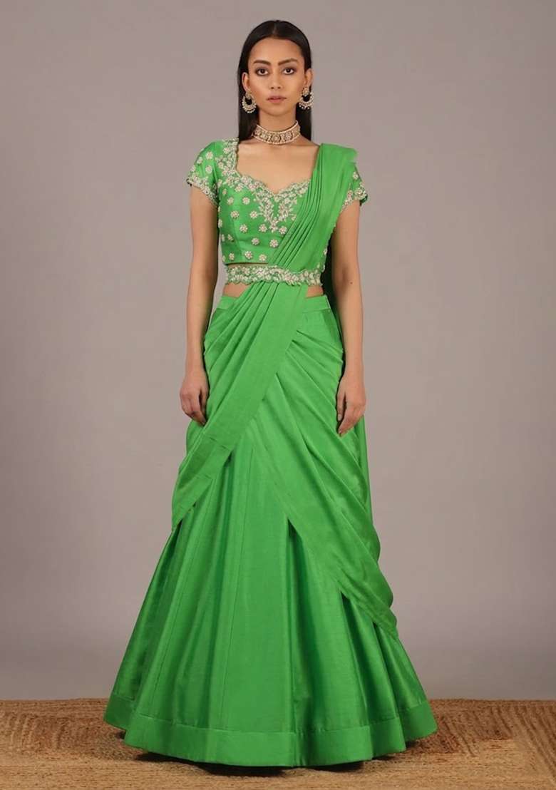 Green Handwork Crepe Lehenga Set - Indya