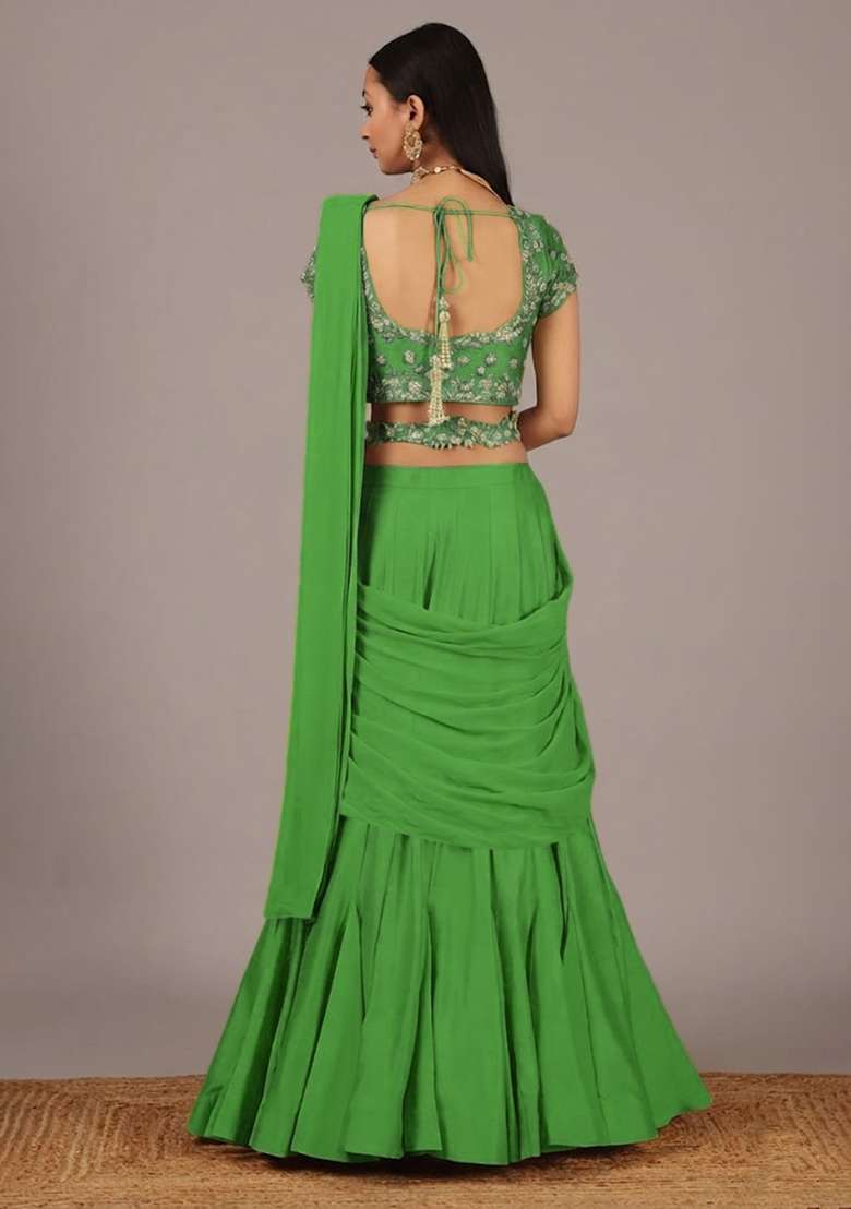 Green Handwork Crepe Lehenga Set - Indya