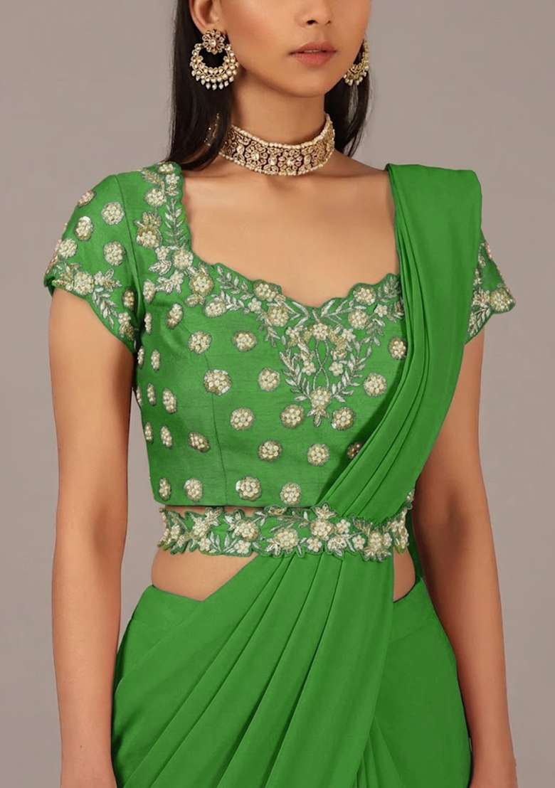 Green Handwork Crepe Lehenga Set - Indya