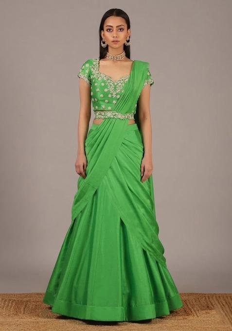 Green Handwork Crepe Lehenga Set