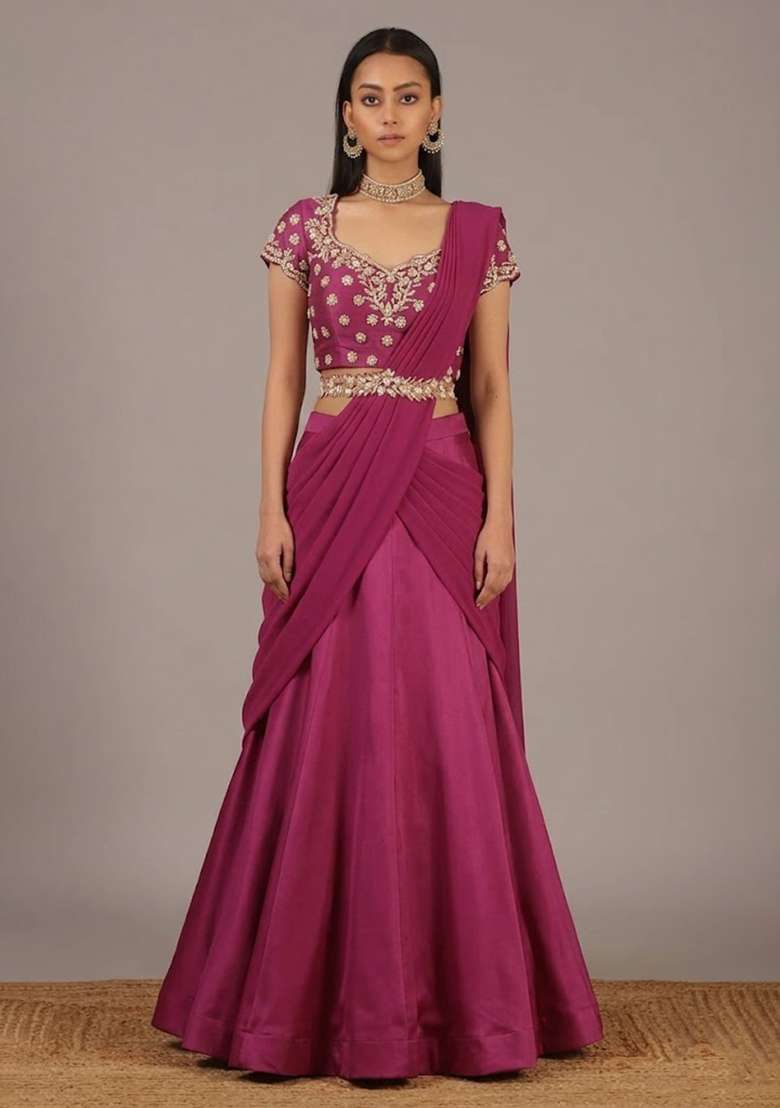 Rani Pink Handwork Crepe Lehenga Set - Indya