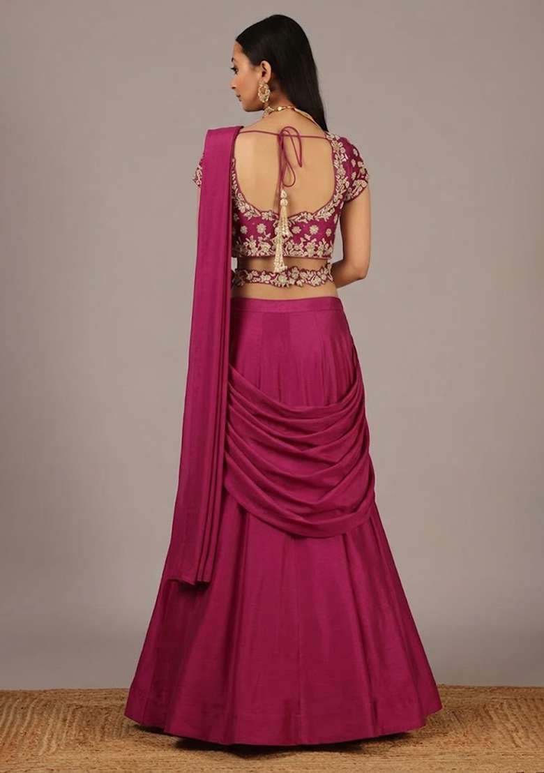Rani Pink Handwork Crepe Lehenga Set - Indya