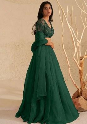 Emerald Green Hand Work Organza Lehenga Set