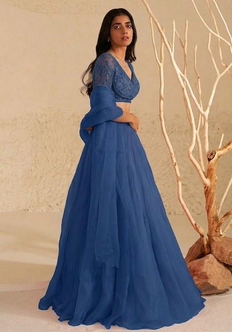 Blue Hand Work Organza Lehenga Set — view on Indya