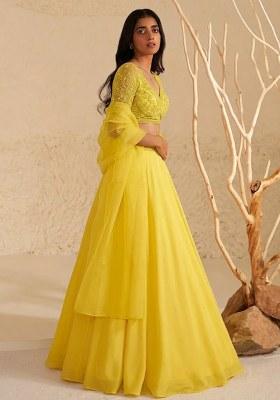 Lime Yellow Hand Work Organza Lehenga Set