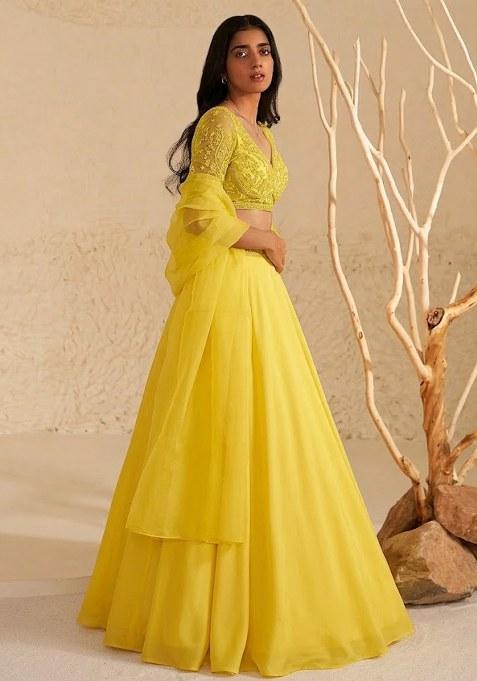 Lime Yellow Hand Work Organza Lehenga Set