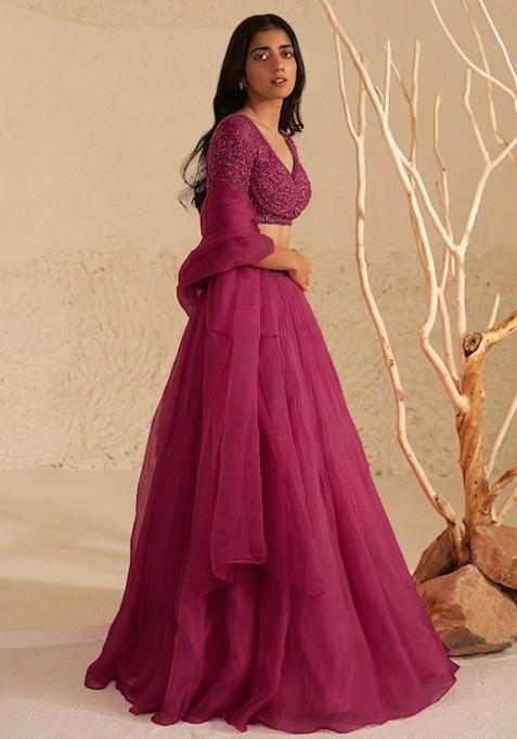 Wine Hand Work Organza Lehenga Set