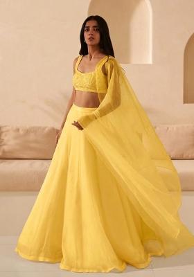 Yellow Hand Work Organza Lehenga Set