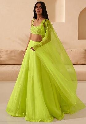 Lime Green Hand Work Organza Lehenga Set