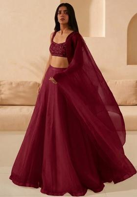 Deep Maroon Hand Work Organza Lehenga Set