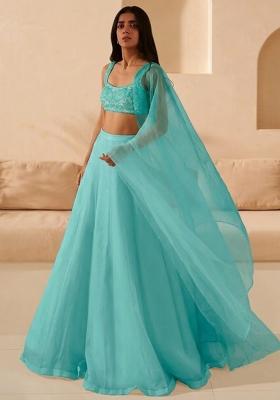 Aqua Blue Hand Work Organza Lehenga Set