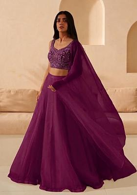 Purple Hand Work Organza Lehenga Set
