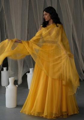Yellow Hand Work Organza Lehenga Set