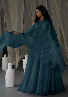 Teal Blue Hand Work Organza Lehenga Set