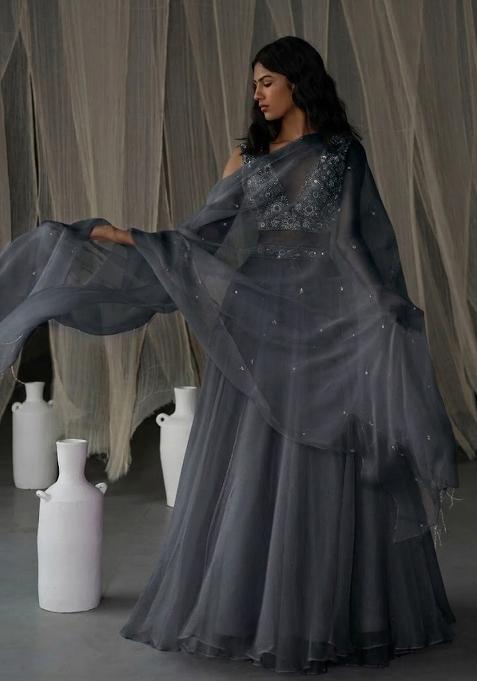 Grey Hand Work Organza Lehenga Set