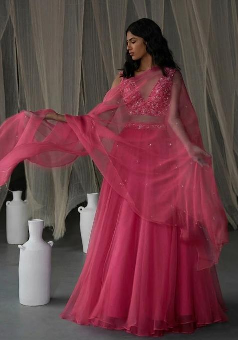 Pink Hand Work Organza Lehenga Set