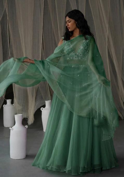Sage Green Hand Work Organza Lehenga Set — view on Indya