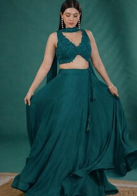 Teal Green Handwork Crepe Lehenga Set