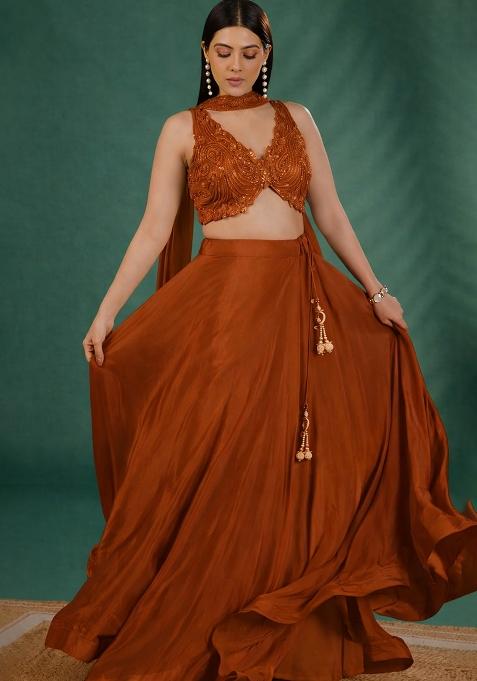 Rust Handwork Crepe Lehenga Set — view on Indya