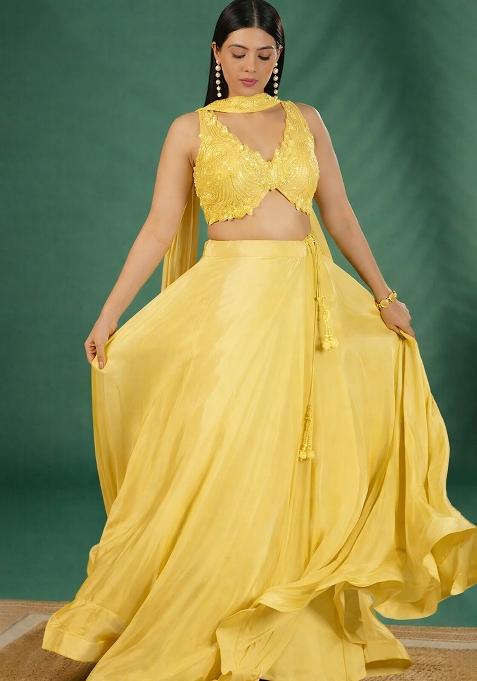 Yellow Handwork Crepe Lehenga Set