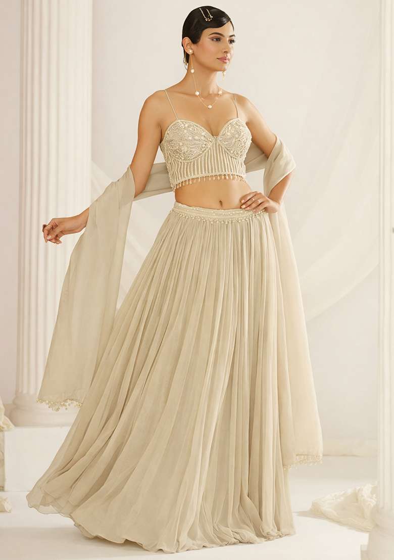 Beige Handwork Georgette Lehenga Set for Diwali and Festive Wear - Indya