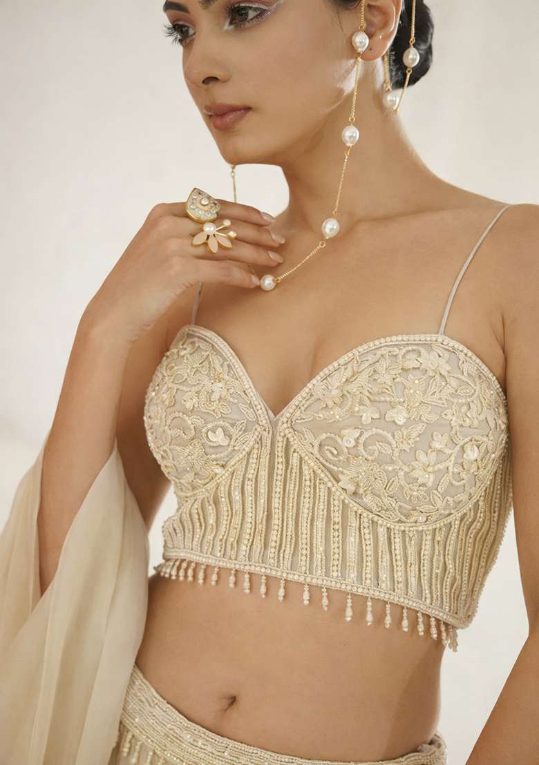 Beige Handwork Georgette Lehenga Set for Diwali and Festive Wear - Indya