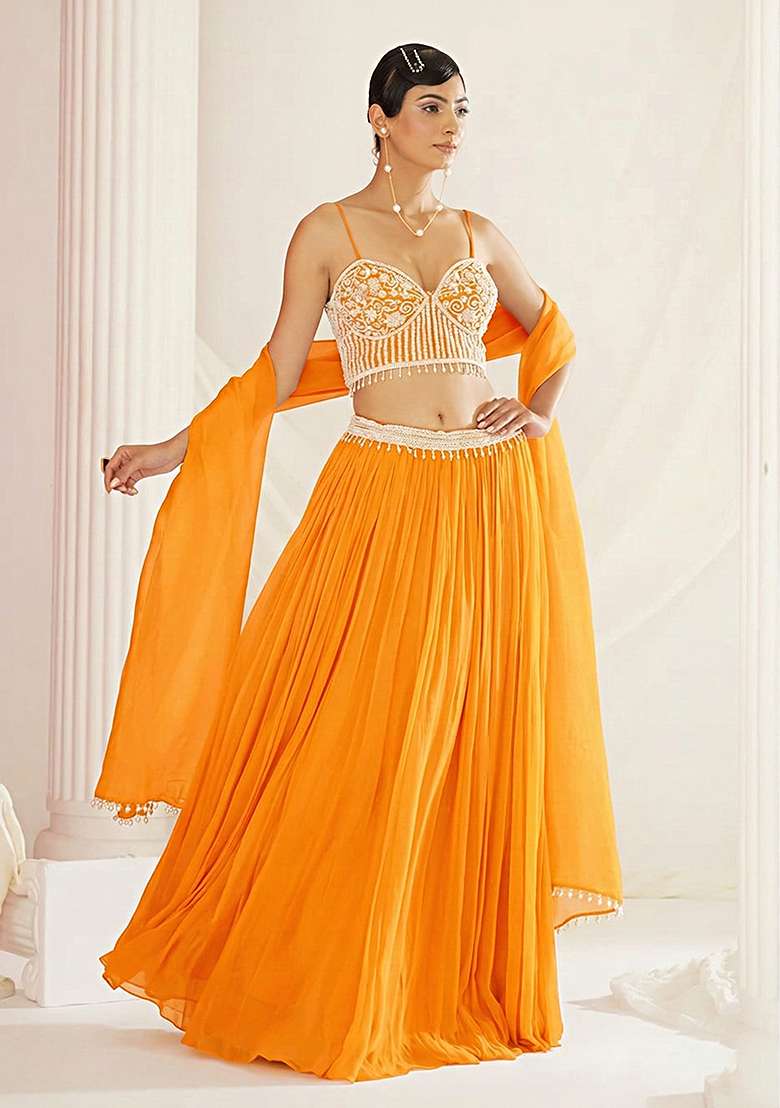 Orange Georgette Lehenga Set with Handwork for Diwali | Wedding & Festive Wear - Indya
