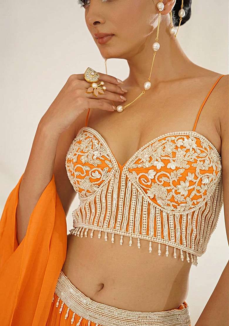 Orange Georgette Lehenga Set with Handwork for Diwali | Wedding & Festive Wear - Indya