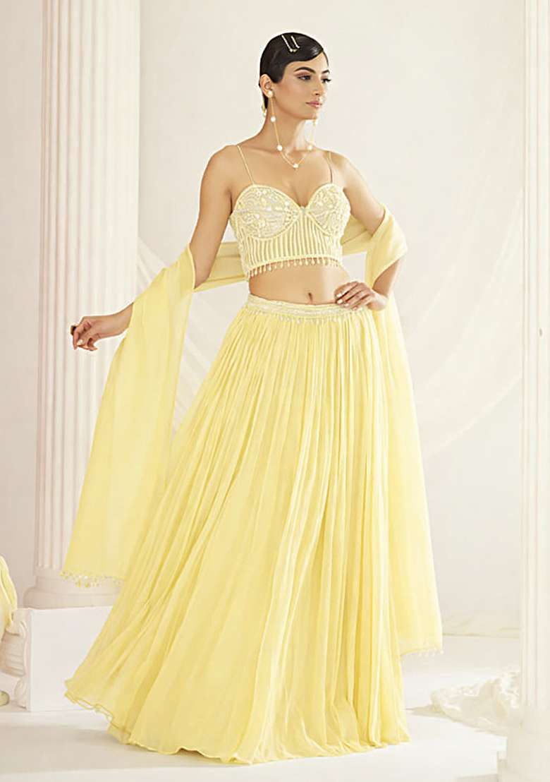 Pastel Yellow Handwork Georgette Lehenga Set for Diwali and Festive Wear - Indya