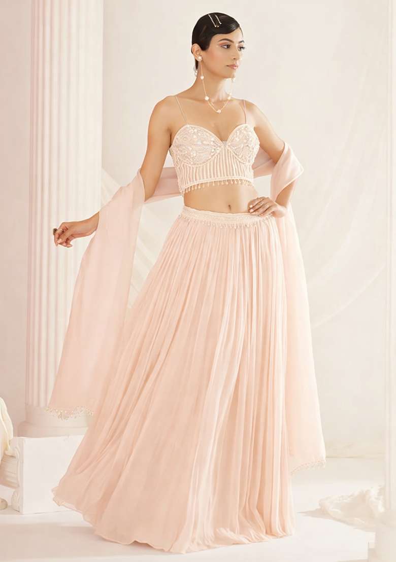Pastel Pink Handwork Georgette Lehenga Set for Diwali and Festive Wear - Indya