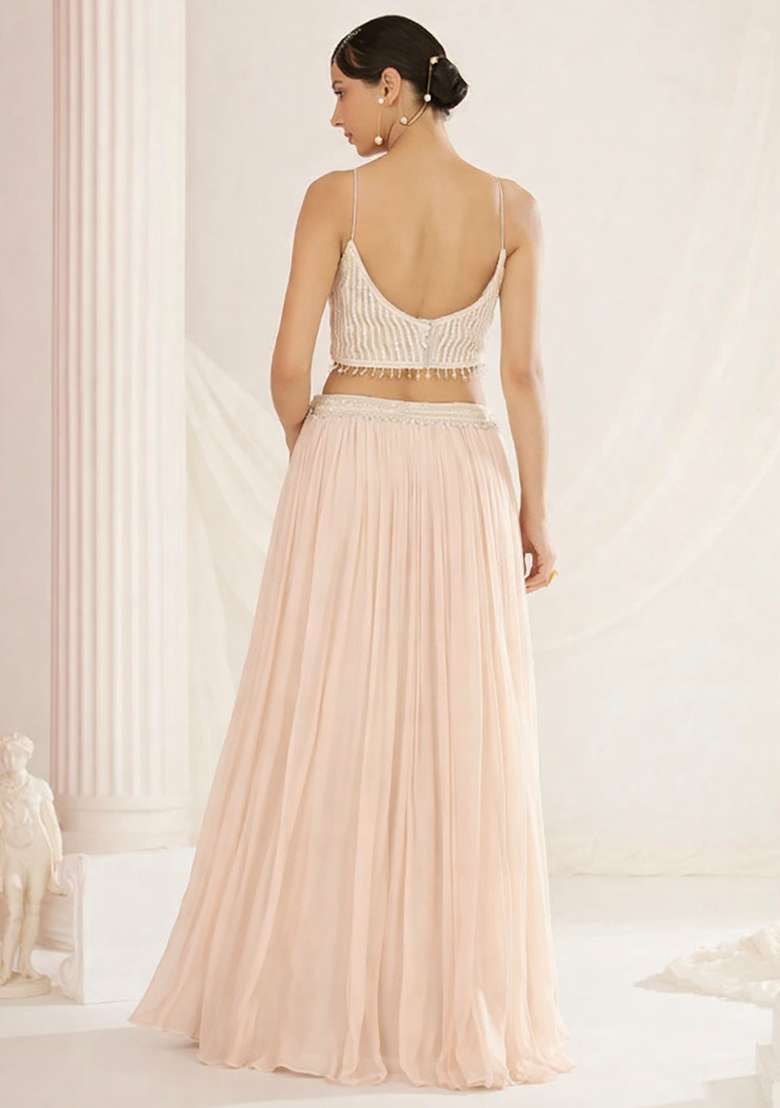 Pastel Pink Handwork Georgette Lehenga Set for Diwali and Festive Wear - Indya