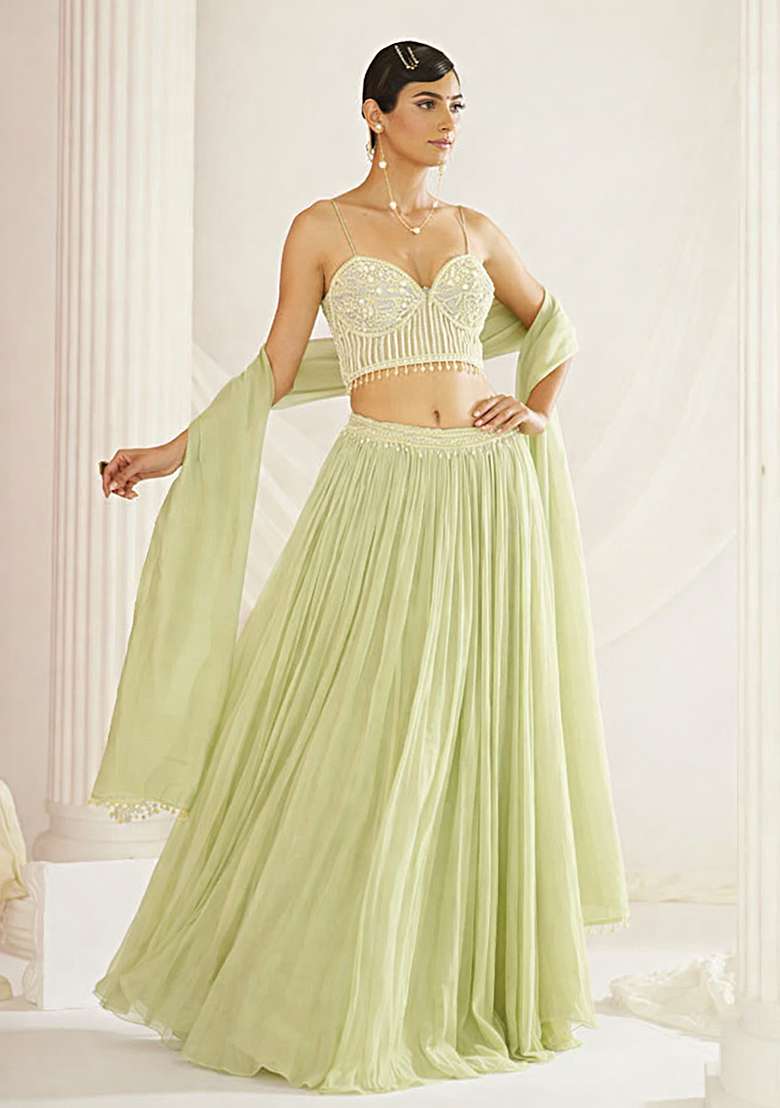 Mint Green Georgette Lehenga Set with Handwork for Diwali | Wedding & Festive Wear - Indya