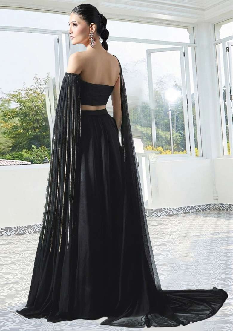 Black Handwork Crepe Lehenga Set - Indya