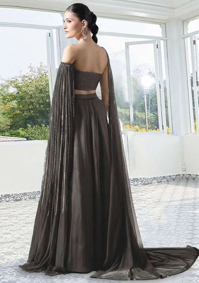 Grey Handwork Crepe Lehenga Set - Indya