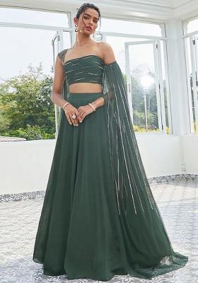Bottle Green Handwork Crepe Lehenga Set