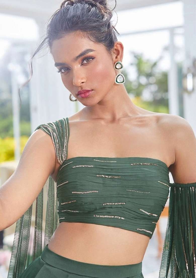 Bottle Green Handwork Crepe Lehenga Set - Indya