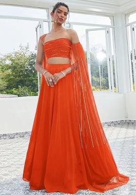 Orange Handwork Crepe Lehenga Set
