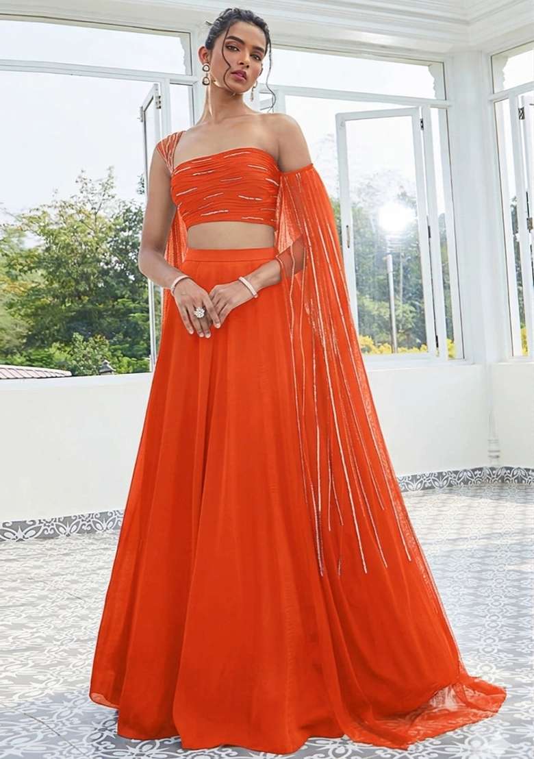 Orange Handwork Crepe Lehenga Set - Indya