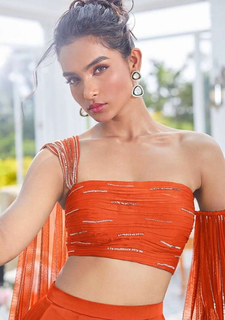 Orange Handwork Crepe Lehenga Set - Indya