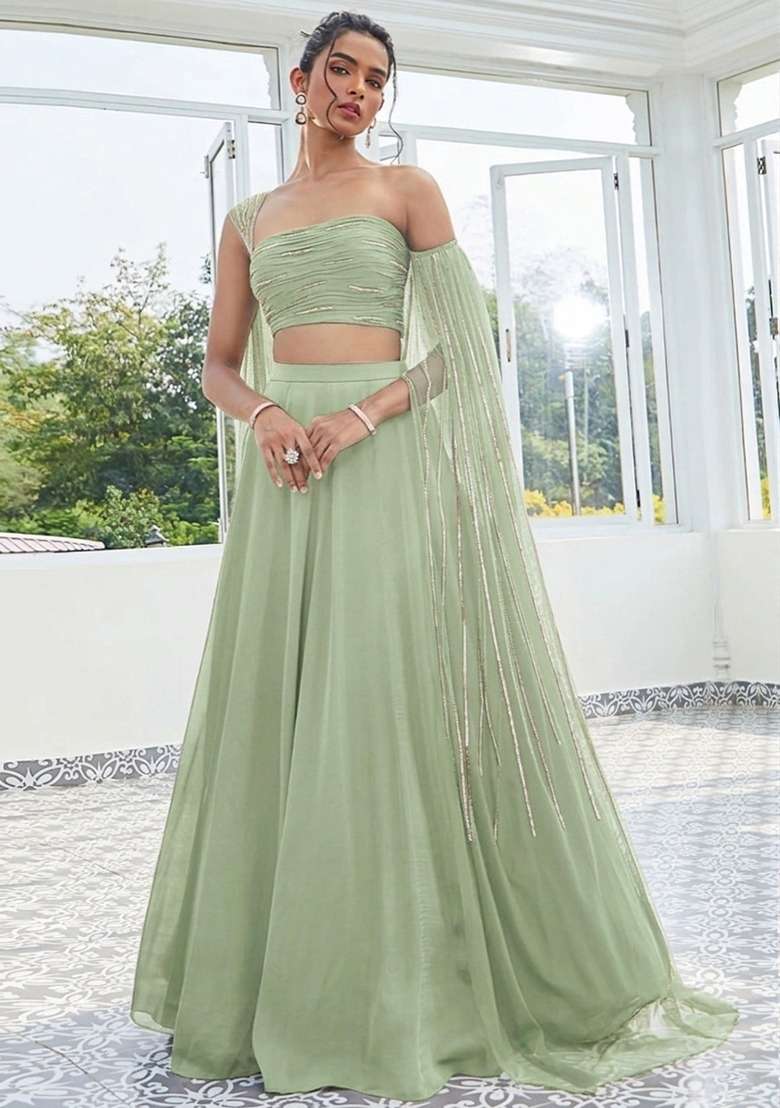 Sage Green Handwork Crepe Lehenga Set - Indya