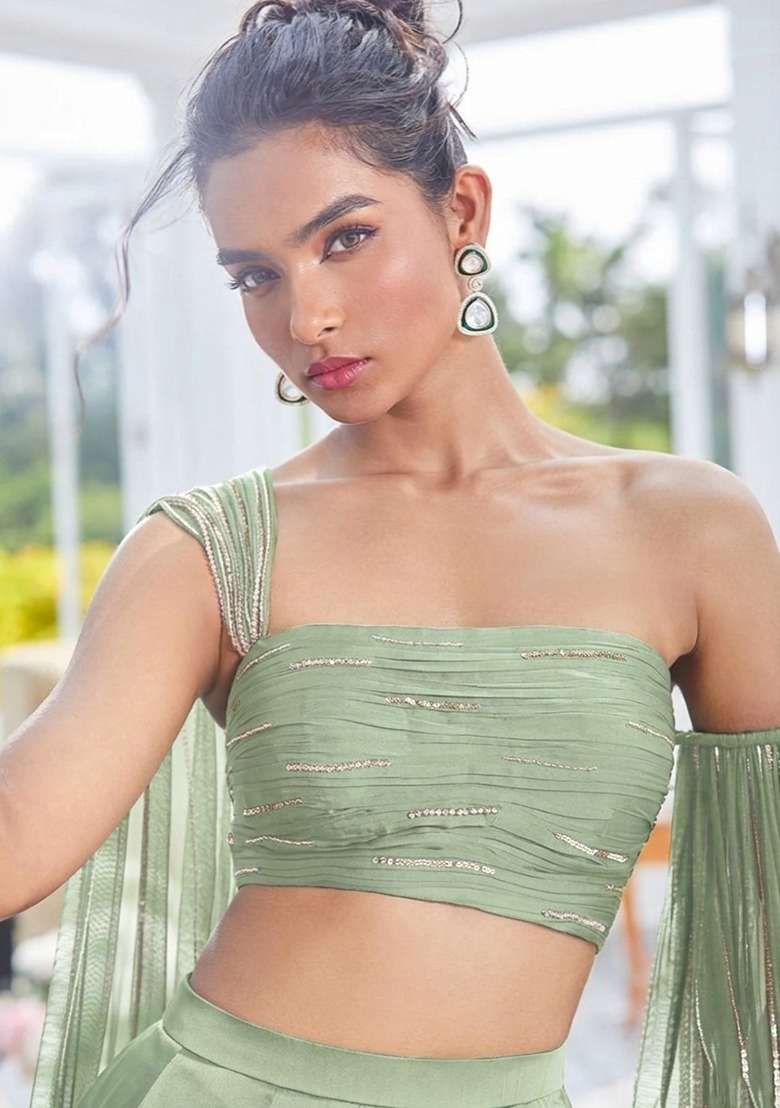 Sage Green Handwork Crepe Lehenga Set - Indya