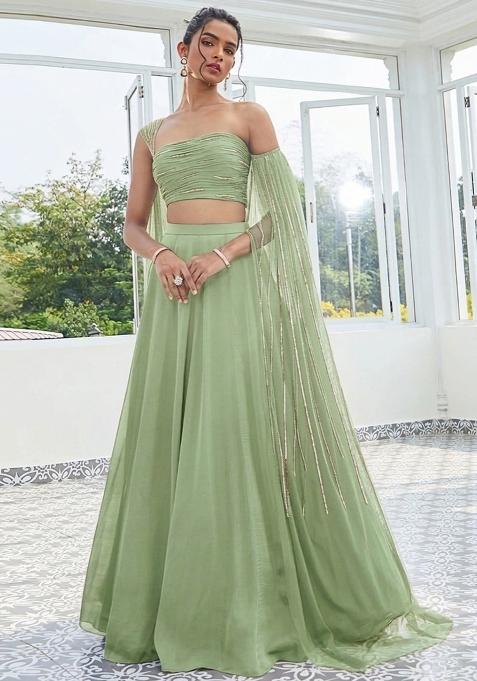 Sage Green Handwork Crepe Lehenga Set