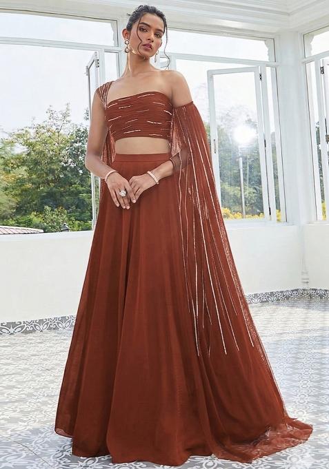 Brown Handwork Crepe Lehenga Set