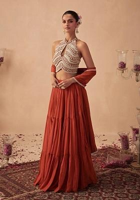Rust Handwork Goergette Lehenga Set