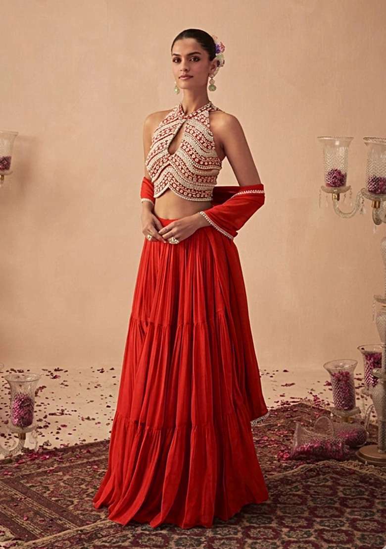 Rust Handwork Goergette Lehenga Set - Indya