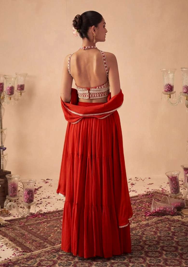 Rust Handwork Goergette Lehenga Set - Indya