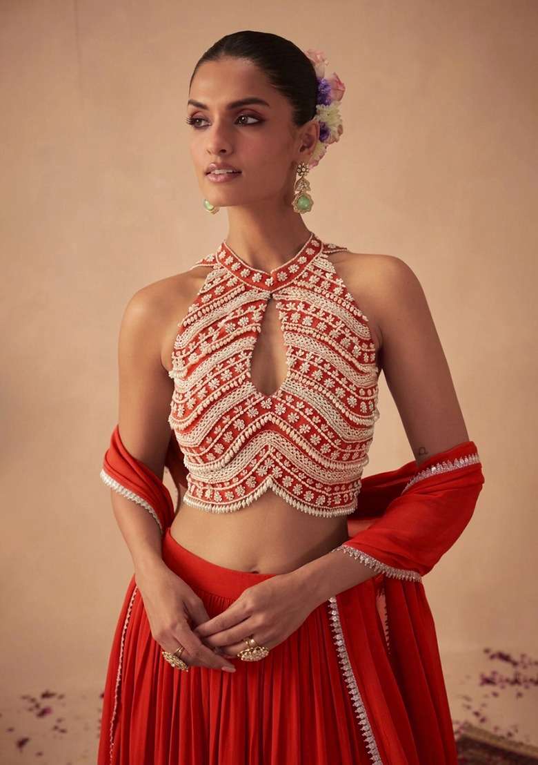 Rust Handwork Goergette Lehenga Set - Indya