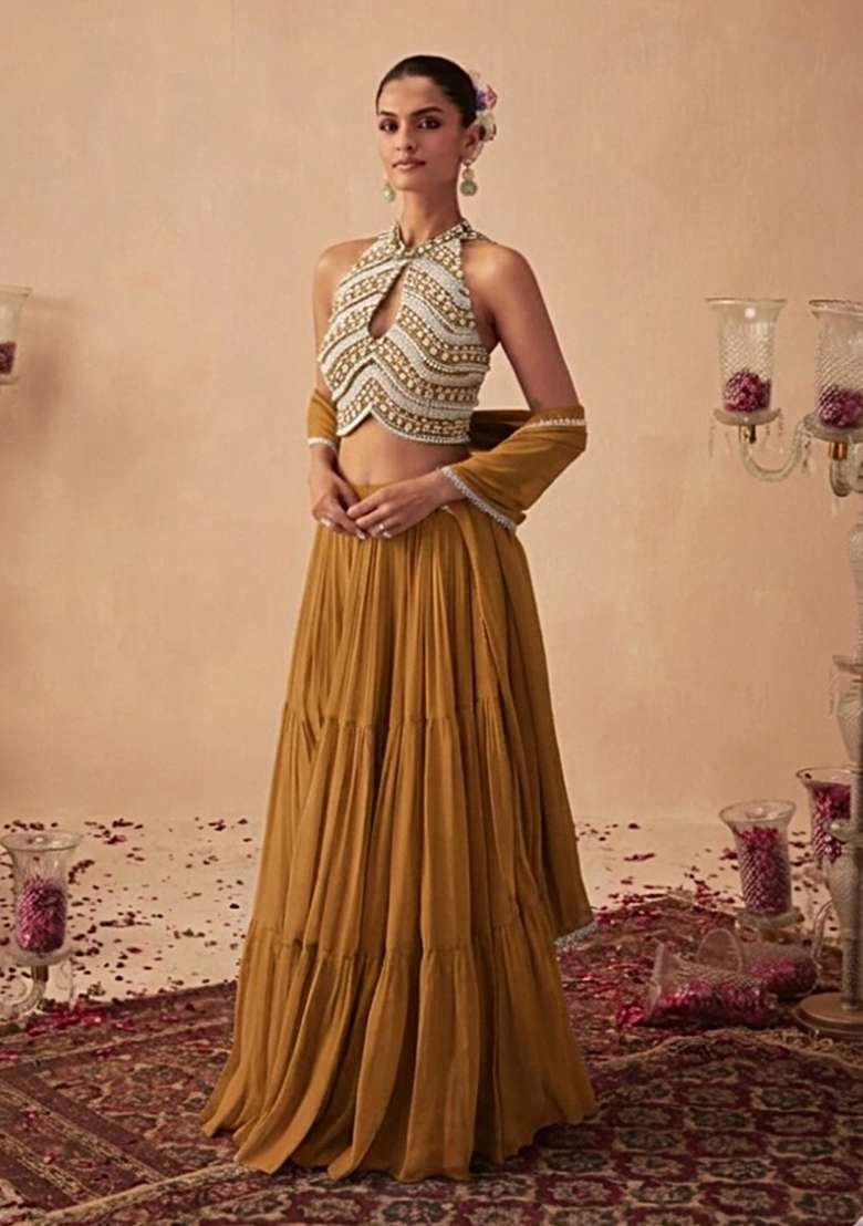 Mustard Handwork Goergette Lehenga Set - Indya