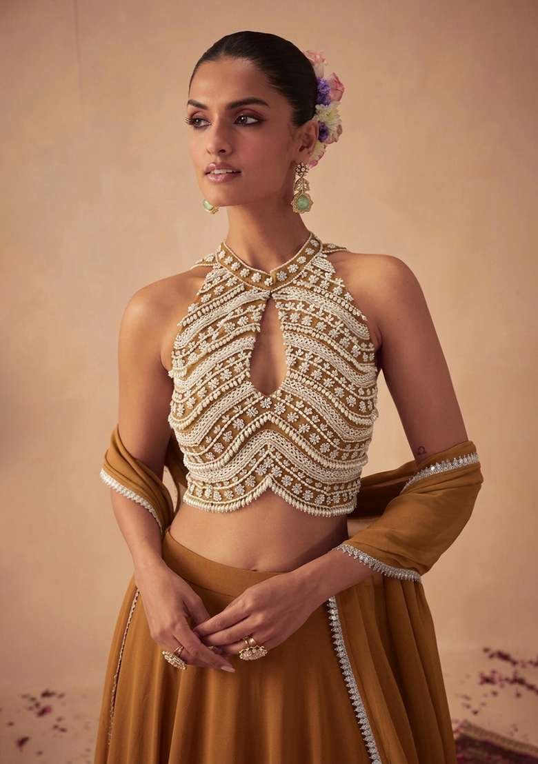 Mustard Handwork Goergette Lehenga Set - Indya