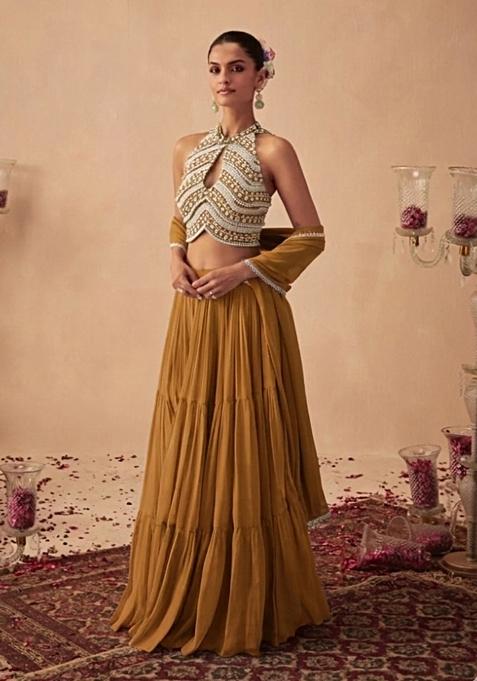 Mustard Handwork Goergette Lehenga Set